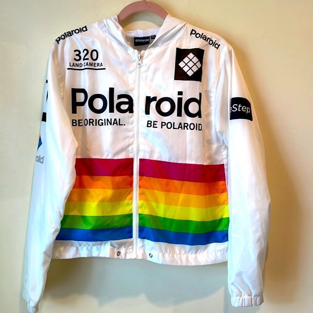VINTAGE Polaroid White Bomber Jacket with Rainbow Stripes